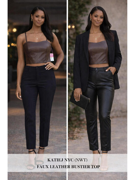 Tops - NWT KatieJ NYC Faux Leather Bustier Top Brown Size M Structured Crop Cami Chic
